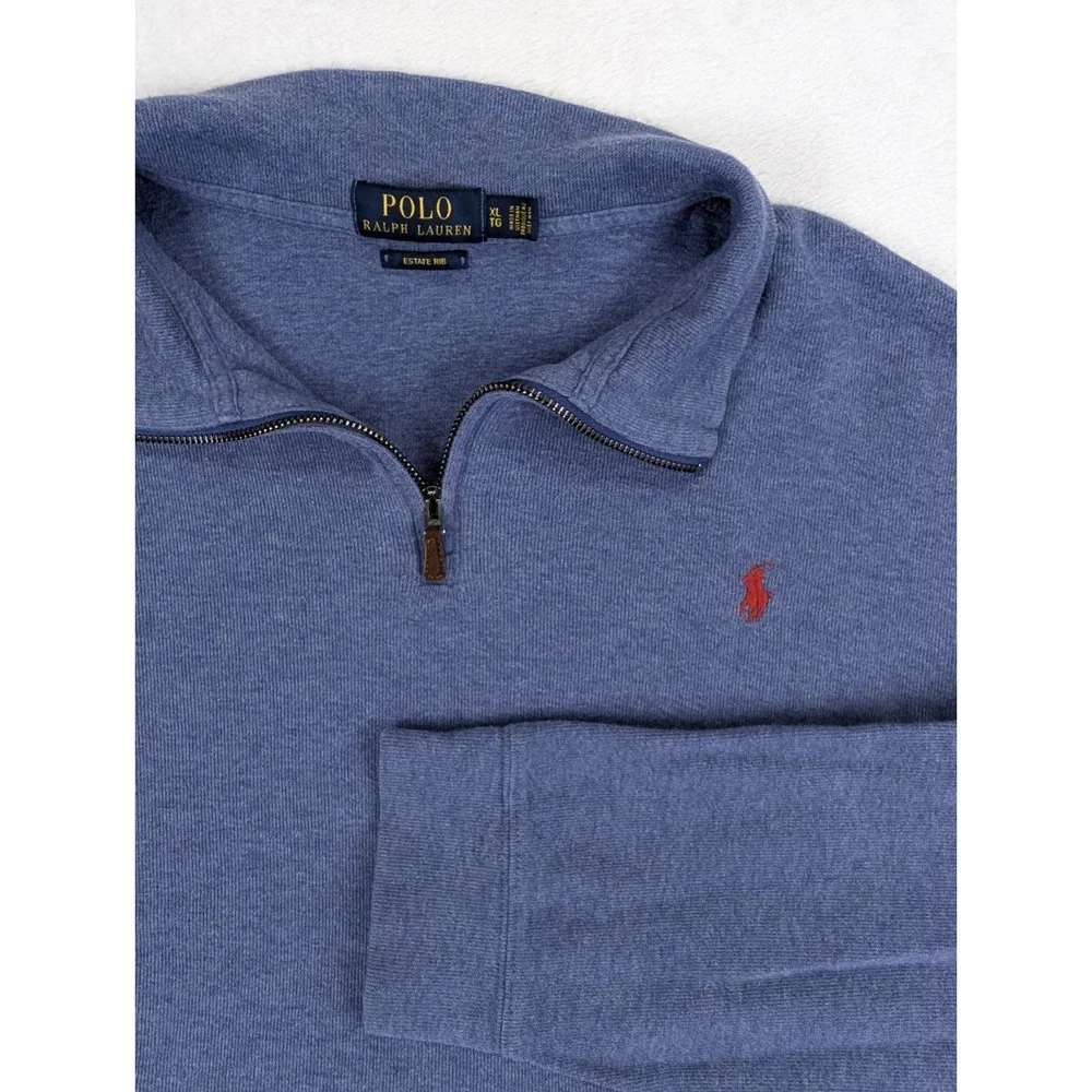 Polo Ralph Lauren Estate Rib 1/4 Zip Men XL Blue Knit Sweatshirt Preppy Dad